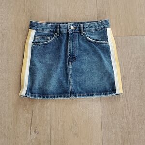 Zara women's jean mini skirt with yellow/cream stripe on sides by TRF Size S